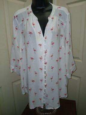 Torrid Harper White Blouse with Pink Flamingo Print